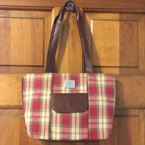 NWOT Longaberger Purse Cloth PLAID pattern, Brown Leather Straps, pocket, bottom